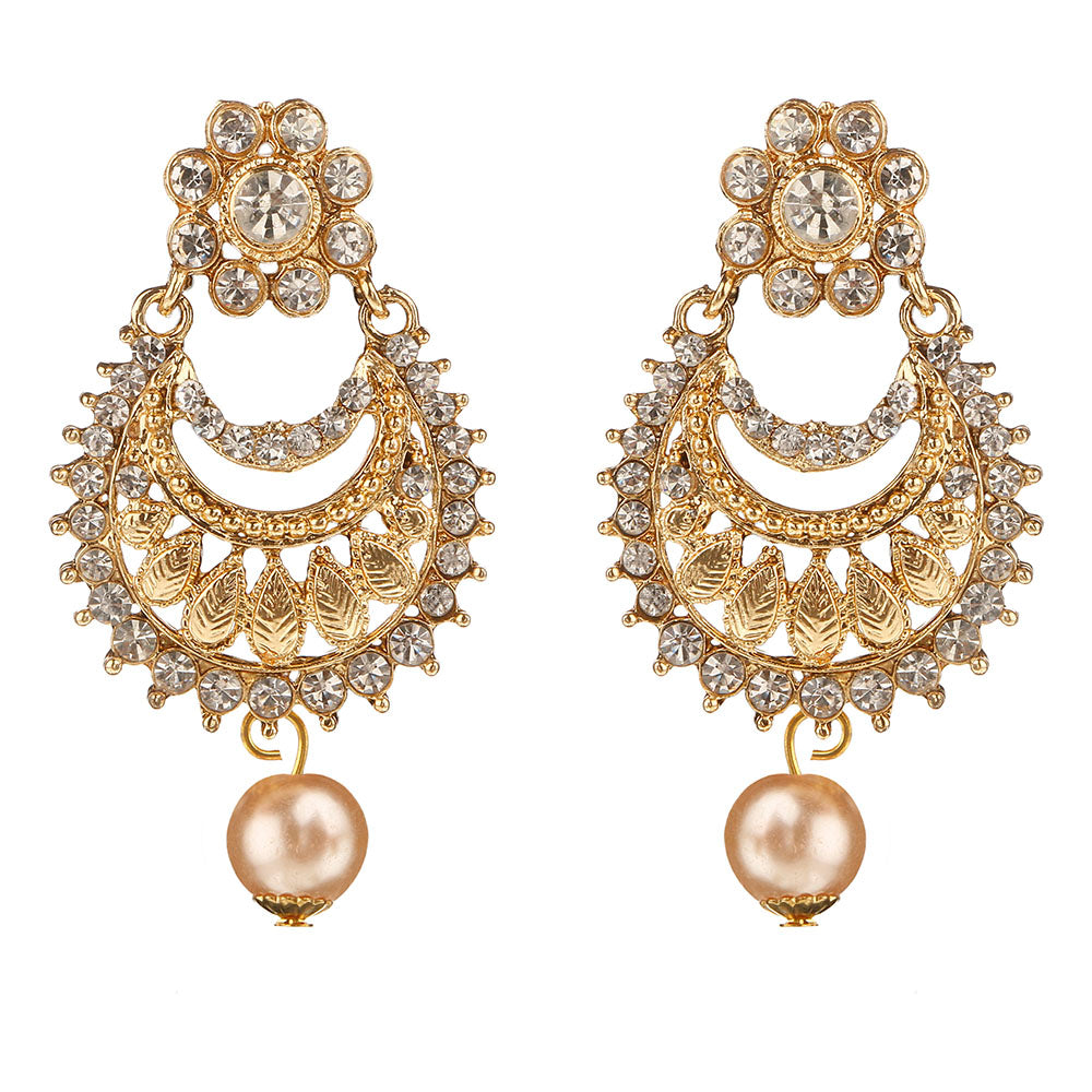 Kord Store Attractive Leaf Design White Stone Gold Plated Chand Bali Earring For Women  - KSEAR70034