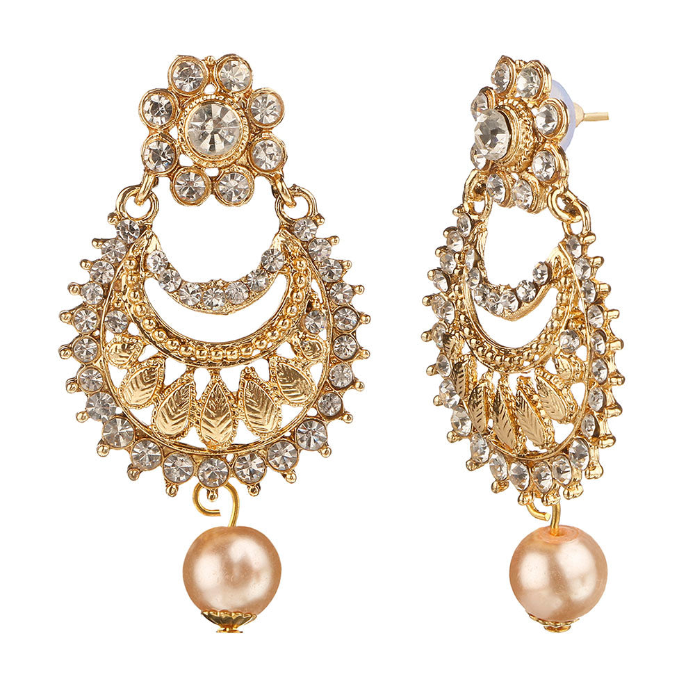 Kord Store Attractive Leaf Design White Stone Gold Plated Chand Bali Earring For Women  - KSEAR70034