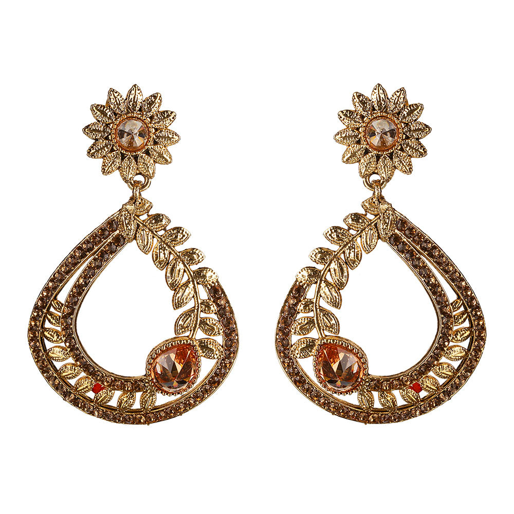 Kord Store Brilliant Flower & Leaf Lct Stone Gold Plated Dangle Earring For Women  - KSEAR70036