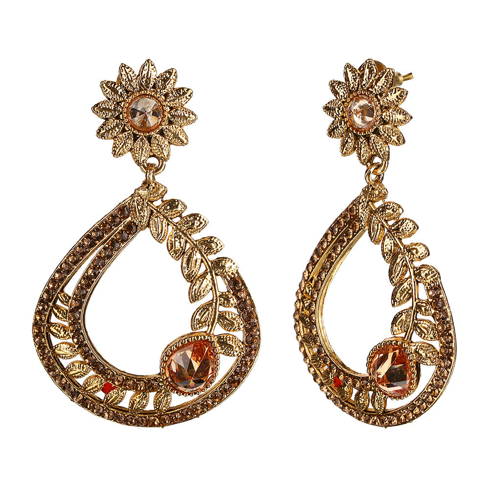 Kord Store Brilliant Flower & Leaf Lct Stone Gold Plated Dangle Earring For Women  - KSEAR70036