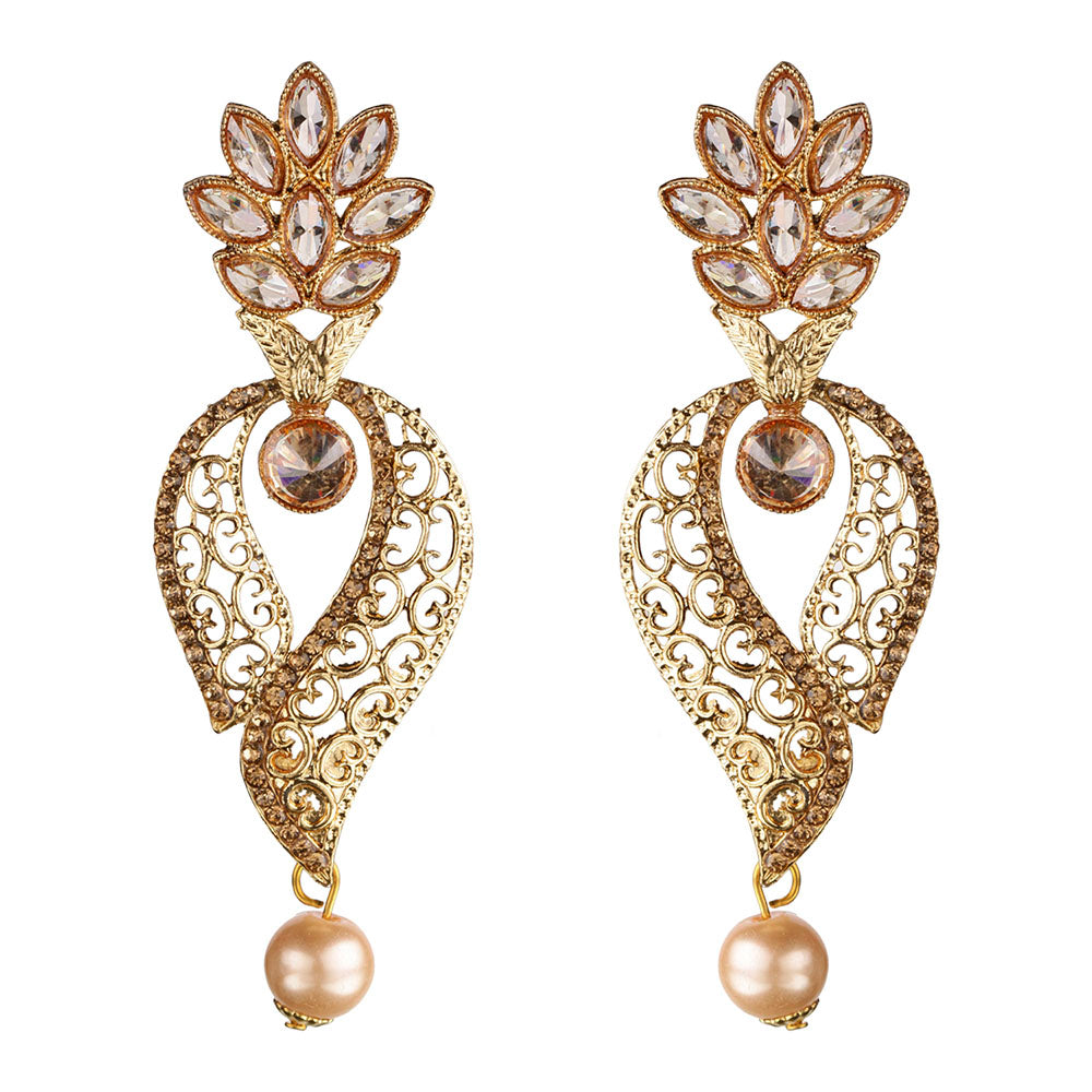 Kord Store Delightful Flower Shape White Stone Gold Plated Dangle Earring For Women  - KSEAR70041