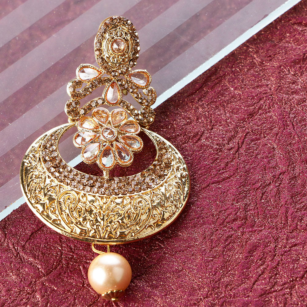 Kord Store Contemporary Flower Shape White Stone Gold Plated Chand Bali Earring For Women  - KSEAR70042