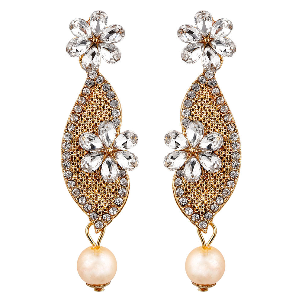 Kord Store Desirable Flower & Pearls White Stone Gold Plated Dangle Earring For Women  - KSEAR70048