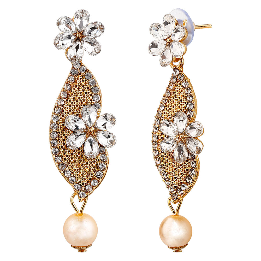 Kord Store Desirable Flower & Pearls White Stone Gold Plated Dangle Earring For Women  - KSEAR70048