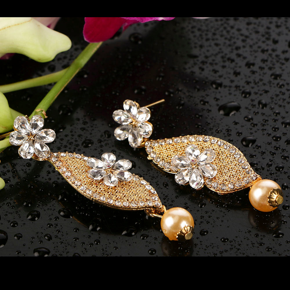 Kord Store Desirable Flower & Pearls White Stone Gold Plated Dangle Earring For Women  - KSEAR70048