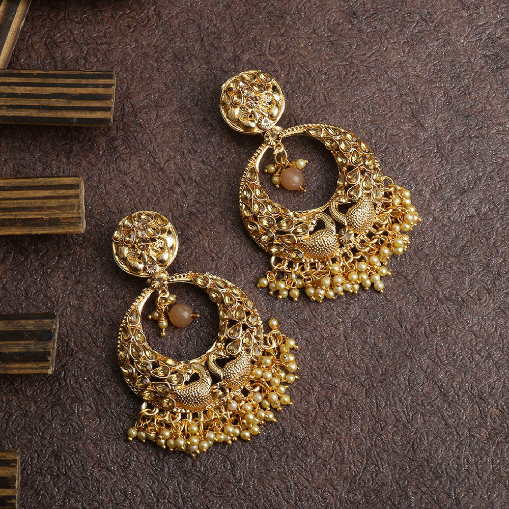 Kord Store Luxurious Peacock Latkan Pearls Gold Plated Chand Bali Earring For Women - KSEAR70103