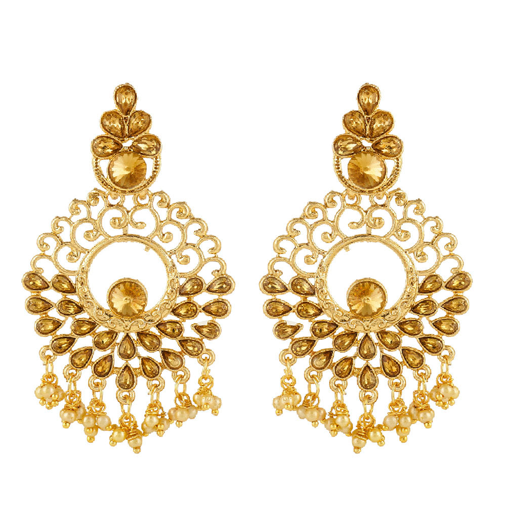 Kord Store Beautiful Flower Shape Pearls Lct Stone Gold Plated Dangle Earring For Women - KSEAR70105