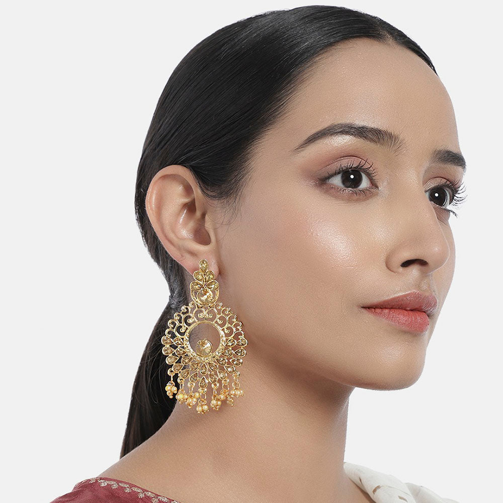 Kord Store Beautiful Flower Shape Pearls Lct Stone Gold Plated Dangle Earring For Women - KSEAR70105