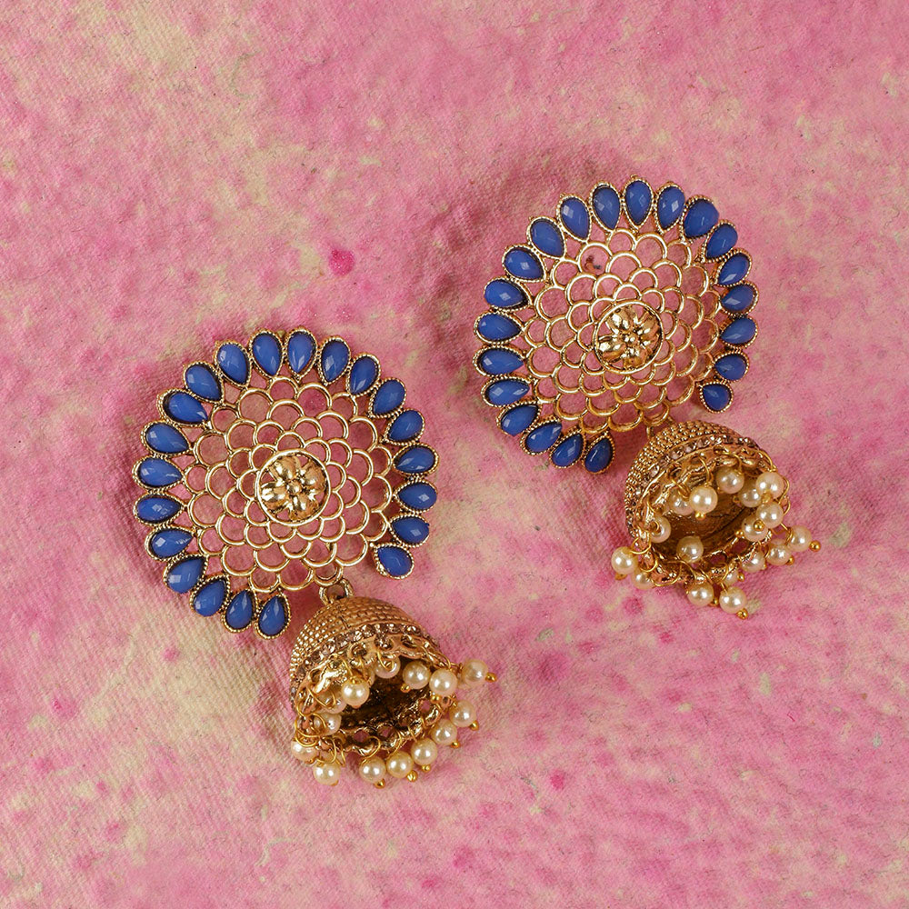 Kord Store Desirable Flower Blue Stone Gold Plated Jhumki Earring For Women - KSEAR70117