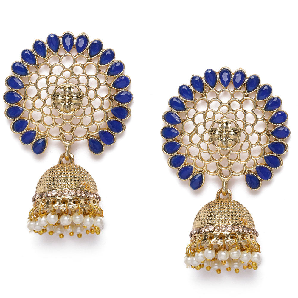 Kord Store Desirable Flower Blue Stone Gold Plated Jhumki Earring For Women - KSEAR70117