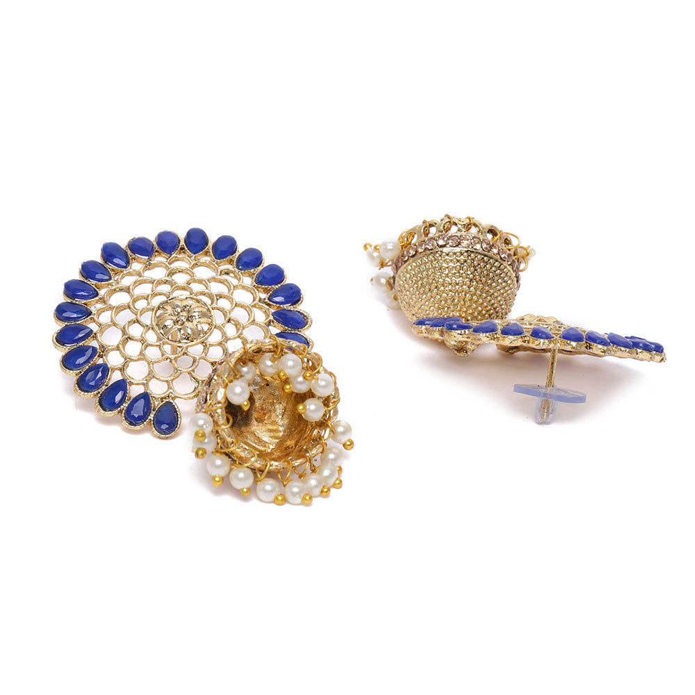 Kord Store Desirable Flower Blue Stone Gold Plated Jhumki Earring For Women - KSEAR70117