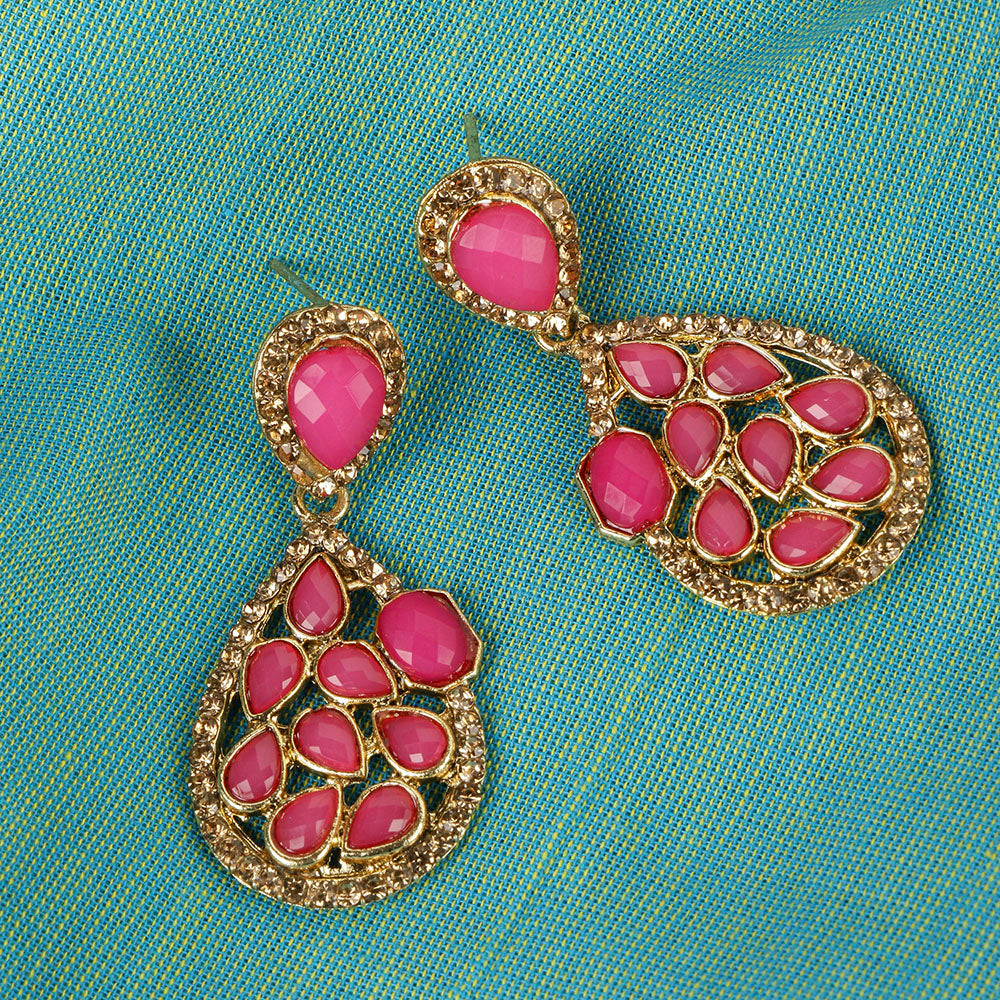 Kord Store Enchanting Pear Shape Pink Stone Gold Plated Dangle Earring For Women - KSEAR70119