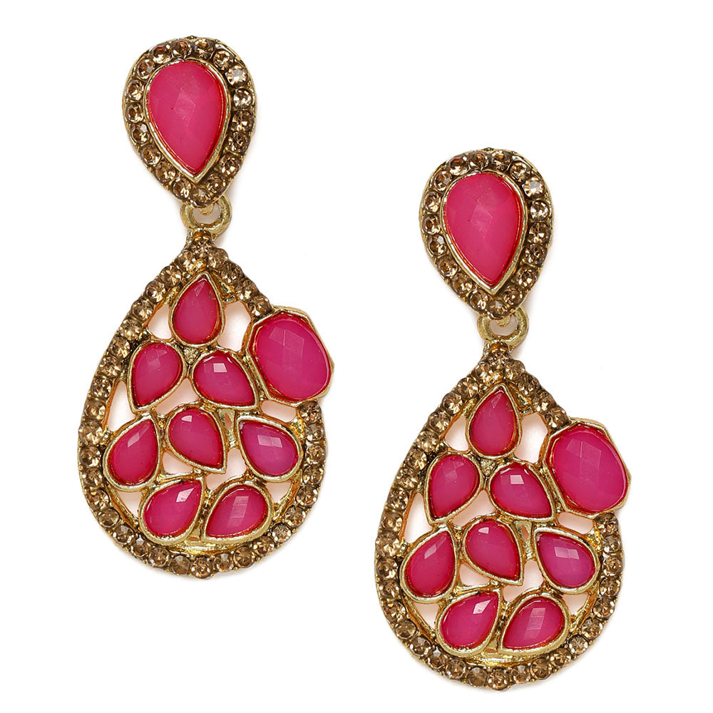 Kord Store Enchanting Pear Shape Pink Stone Gold Plated Dangle Earring For Women - KSEAR70119