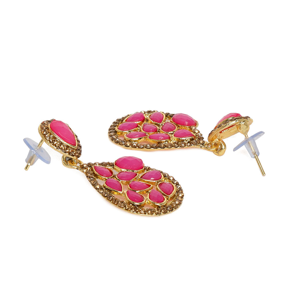 Kord Store Enchanting Pear Shape Pink Stone Gold Plated Dangle Earring For Women - KSEAR70119