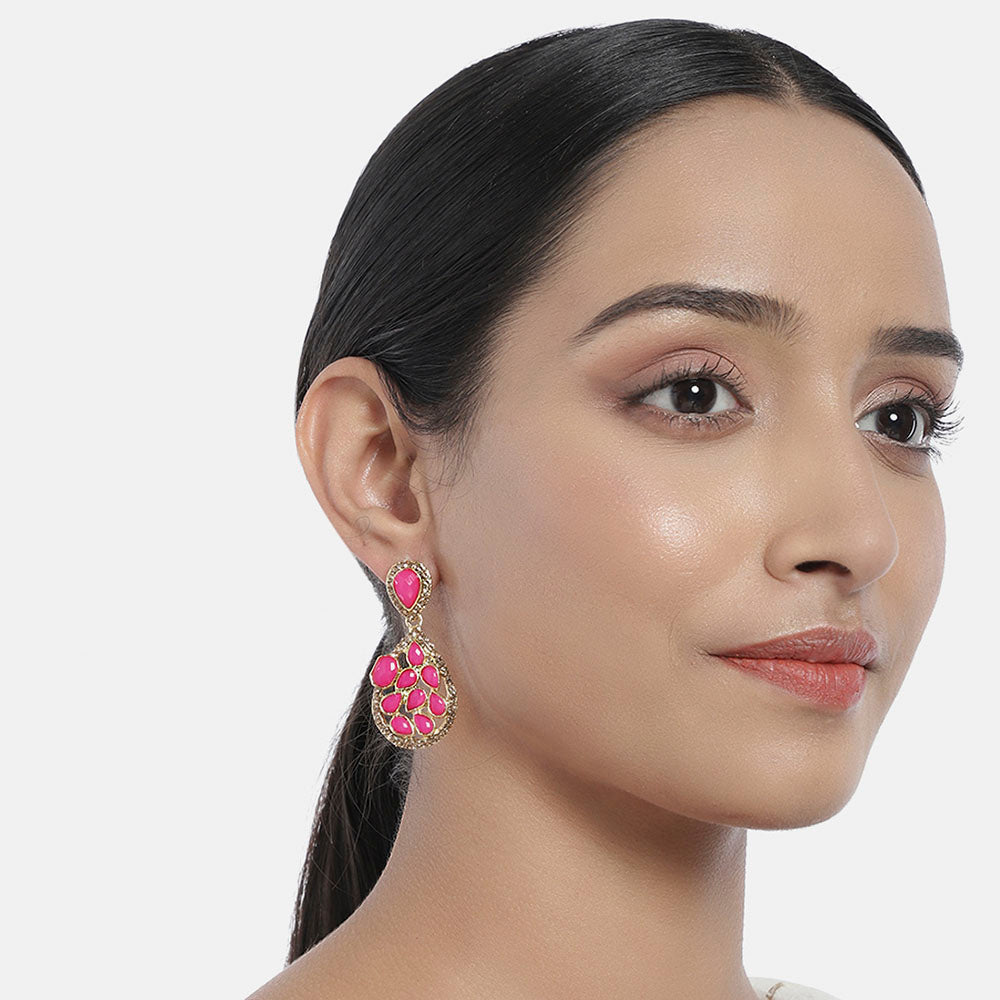 Kord Store Enchanting Pear Shape Pink Stone Gold Plated Dangle Earring For Women - KSEAR70119
