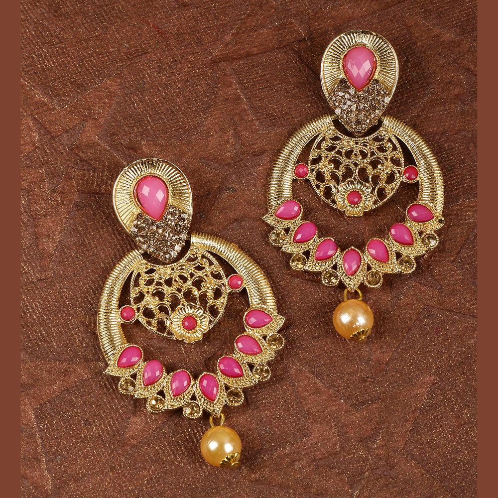 Kord Store Ethnic Fancy Pink Stone Gold Plated Chand Bali Earring For Women - KSEAR70121