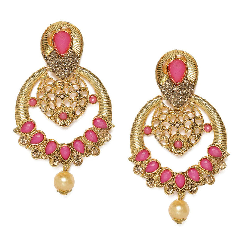 Kord Store Ethnic Fancy Pink Stone Gold Plated Chand Bali Earring For Women - KSEAR70121