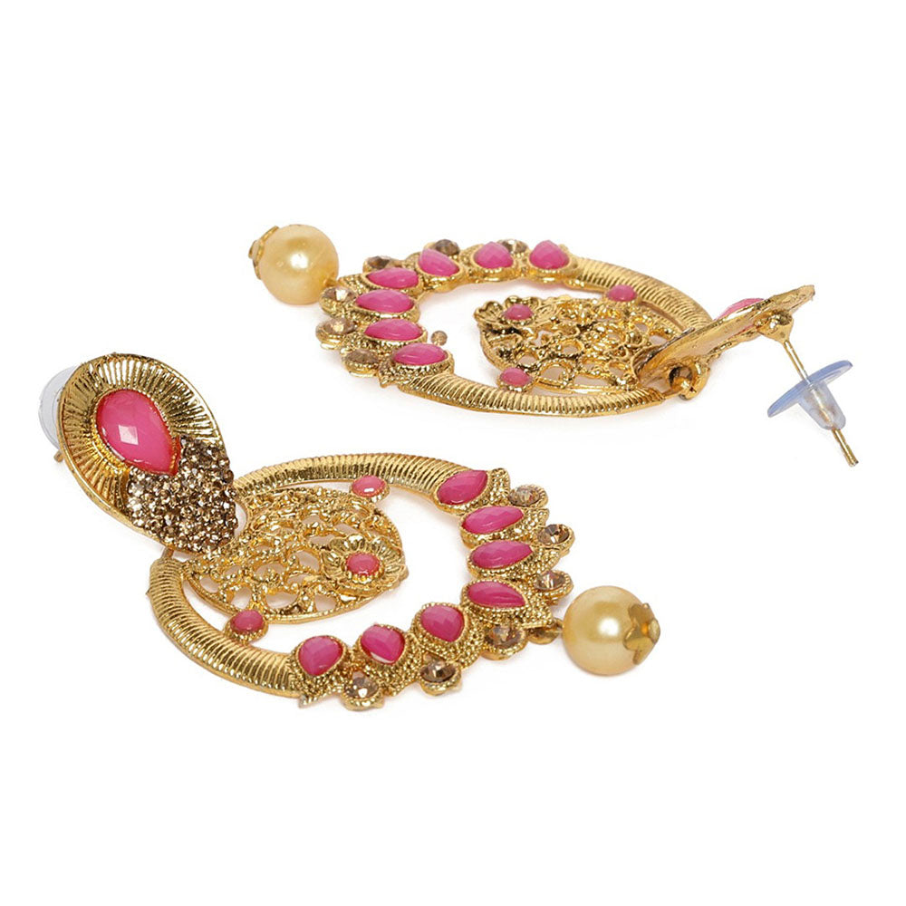 Kord Store Ethnic Fancy Pink Stone Gold Plated Chand Bali Earring For Women - KSEAR70121