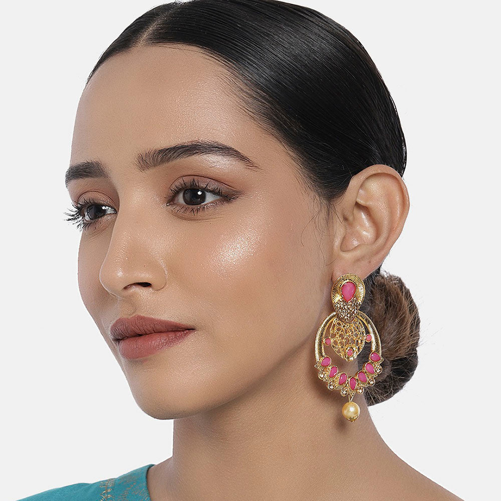 Kord Store Ethnic Fancy Pink Stone Gold Plated Chand Bali Earring For Women - KSEAR70121