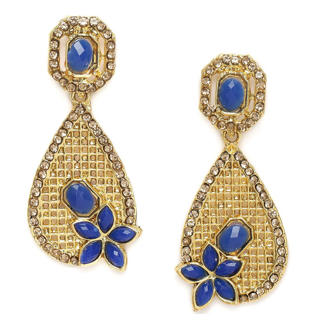 Kord Store Exotic Pear Shape Blue & Lct Stone Gold Plated Dangle Earring For Women - KSEAR70124