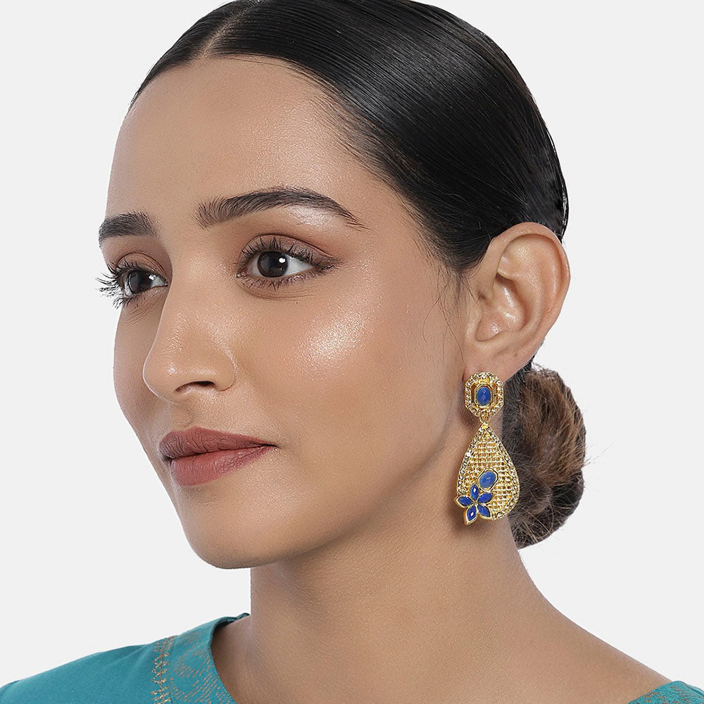 Kord Store Exotic Pear Shape Blue & Lct Stone Gold Plated Dangle Earring For Women - KSEAR70124