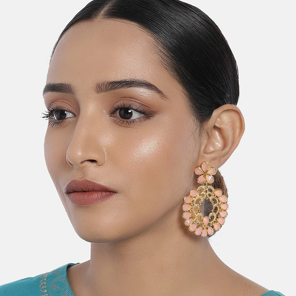 Kord Store Fine Pink Stone Gold Plated Chandbali Dangle Earring For Women - KSEAR70131