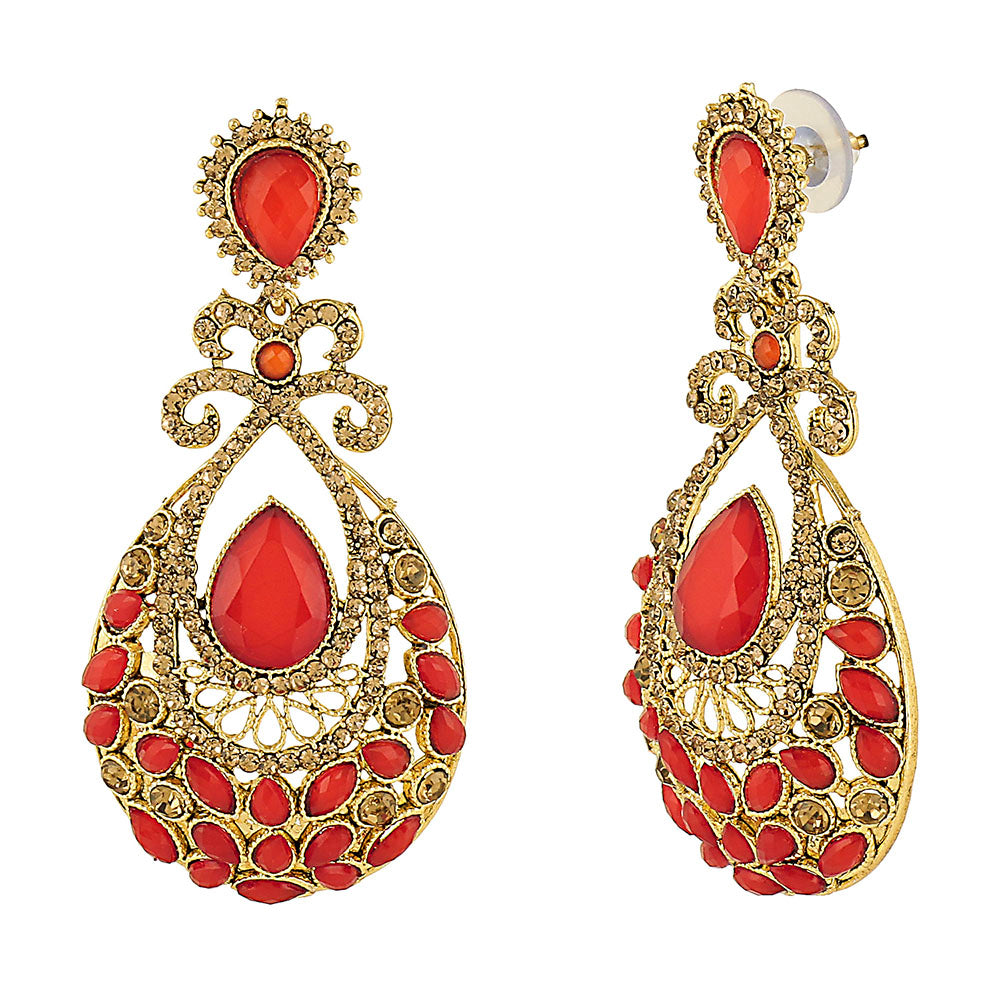 Kord Store Glorious Pear Shape Red & Lct Stone Gold Plated Dangle Earring For Women - KSEAR70135