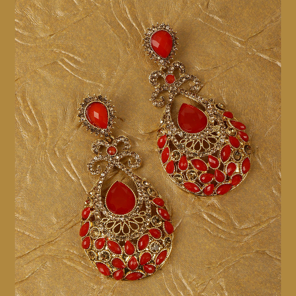 Kord Store Glorious Pear Shape Red & Lct Stone Gold Plated Dangle Earring For Women - KSEAR70135