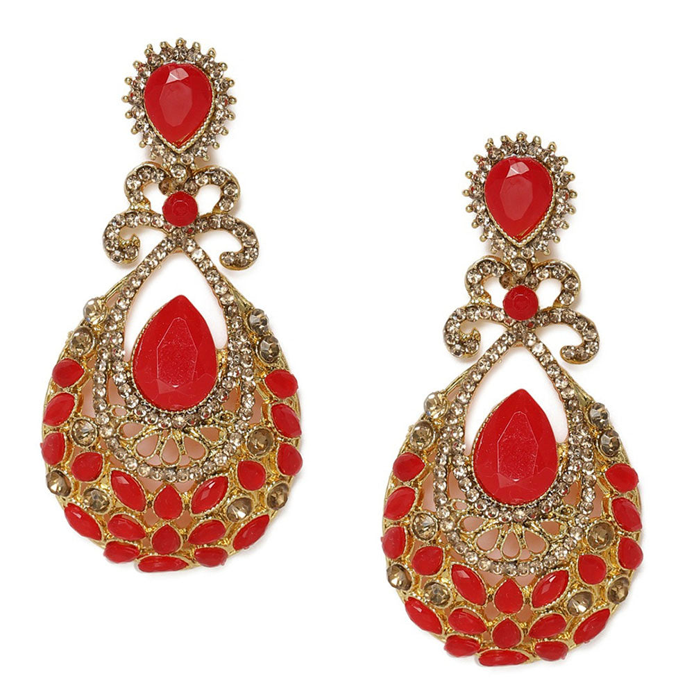 Kord Store Glorious Pear Shape Red & Lct Stone Gold Plated Dangle Earring For Women - KSEAR70135