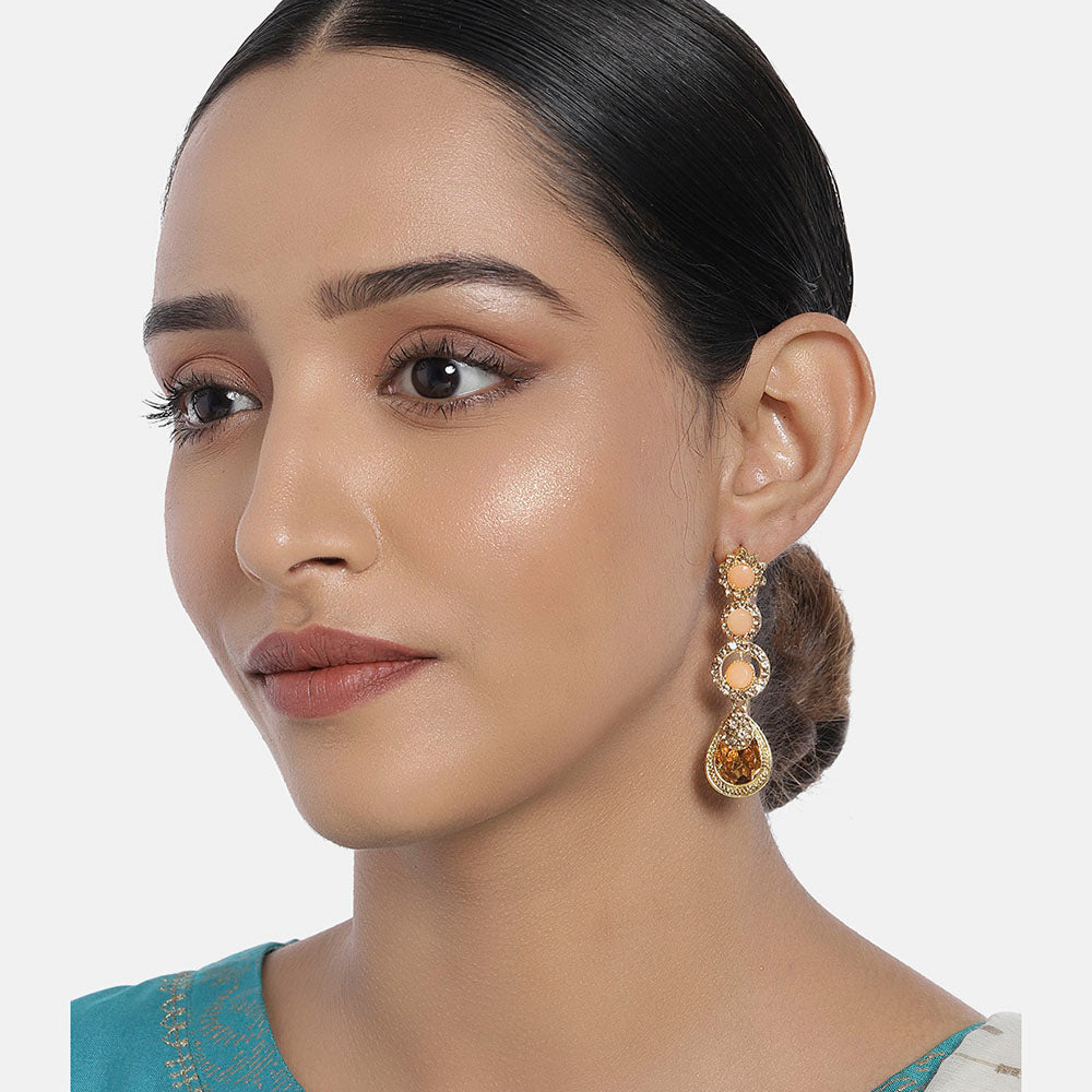 Kord Store Good-Looking Round Shape Pink & Lct Stone Gold Plated Dangle Earring For Women - KSEAR70137