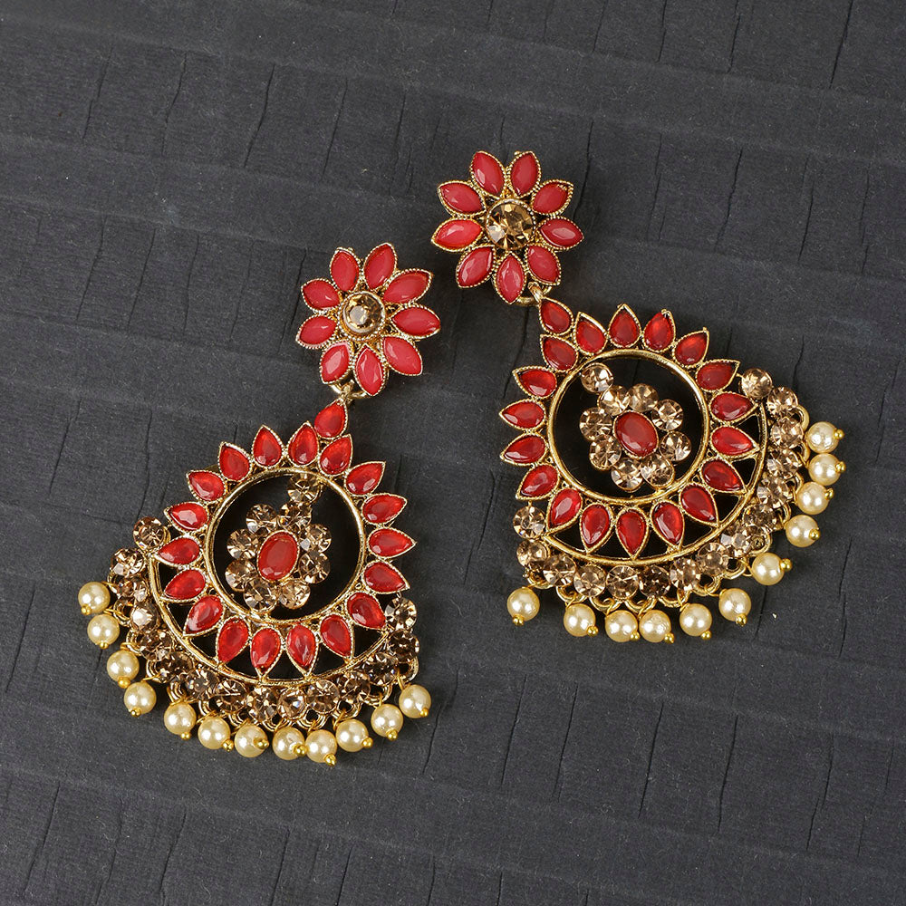 Kord Store Inspired Flower Design Pink & Lct Stone Gold Plated Chand Bali Earring For Women - KSEAR70141