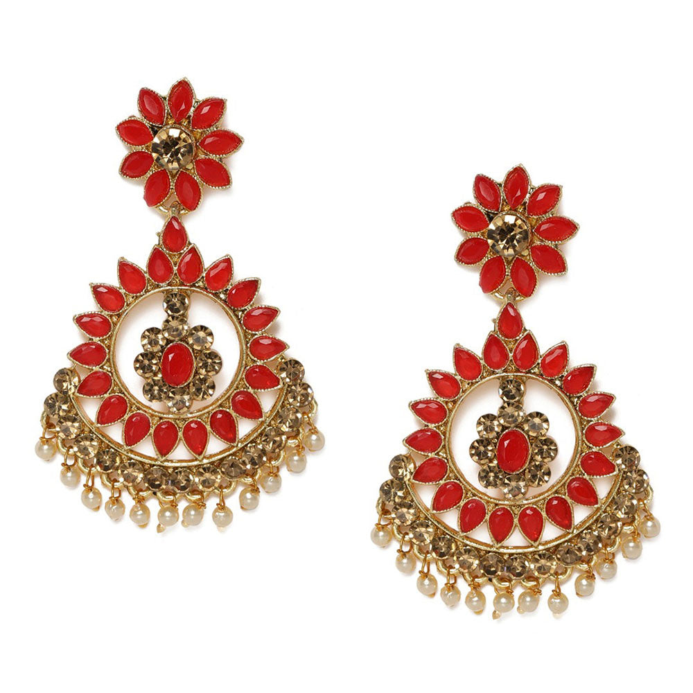 Kord Store Inspired Flower Design Pink & Lct Stone Gold Plated Chand Bali Earring For Women - KSEAR70141