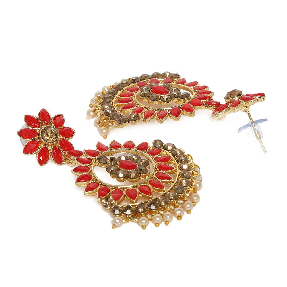 Kord Store Inspired Flower Design Pink & Lct Stone Gold Plated Chand Bali Earring For Women - KSEAR70141