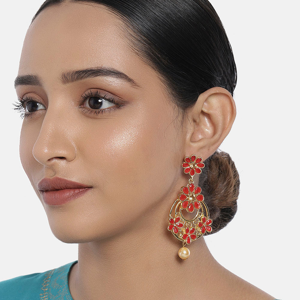 Kord Store Lavish Flower Design Pink & Lct Stone Gold Plated Chand Bali Earring For Women - KSEAR70142