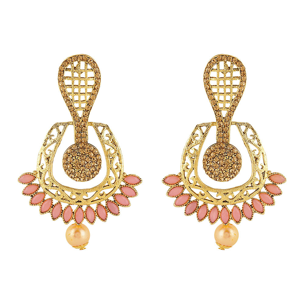 Kord Store Luxurious Designer Pink & Lct Stone Gold Plated Dangle Earring For Women  - KSEAR70144