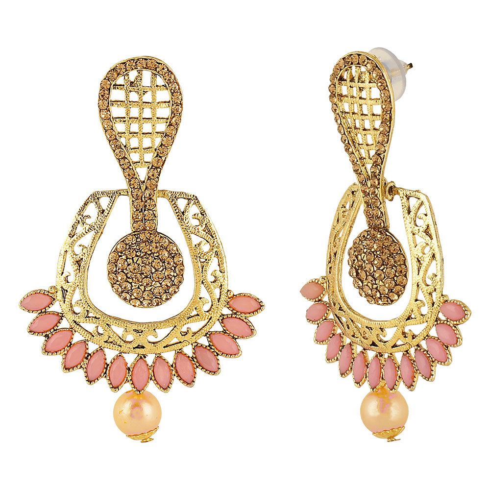 Kord Store Luxurious Designer Pink & Lct Stone Gold Plated Dangle Earring For Women  - KSEAR70144