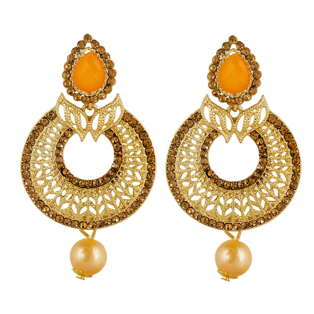 Kord Store Royal 5 String Chain Pearl Yellow Stone Gold Plated Dangle Earring For Women  - KSEAR70151