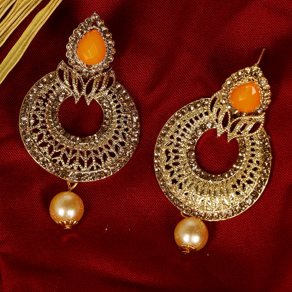 Kord Store Royal 5 String Chain Pearl Yellow Stone Gold Plated Dangle Earring For Women  - KSEAR70151