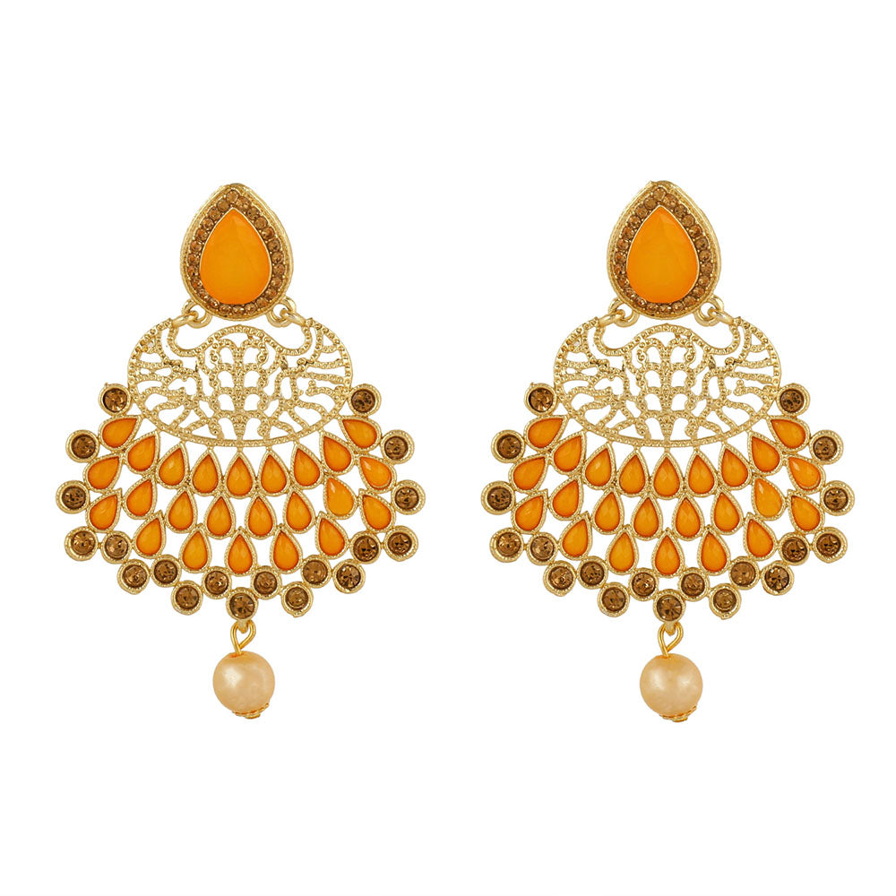 Kord Store Stylish Filigree Work Orange Stone Gold Plated Drop Earring For Women  - KSEAR70154