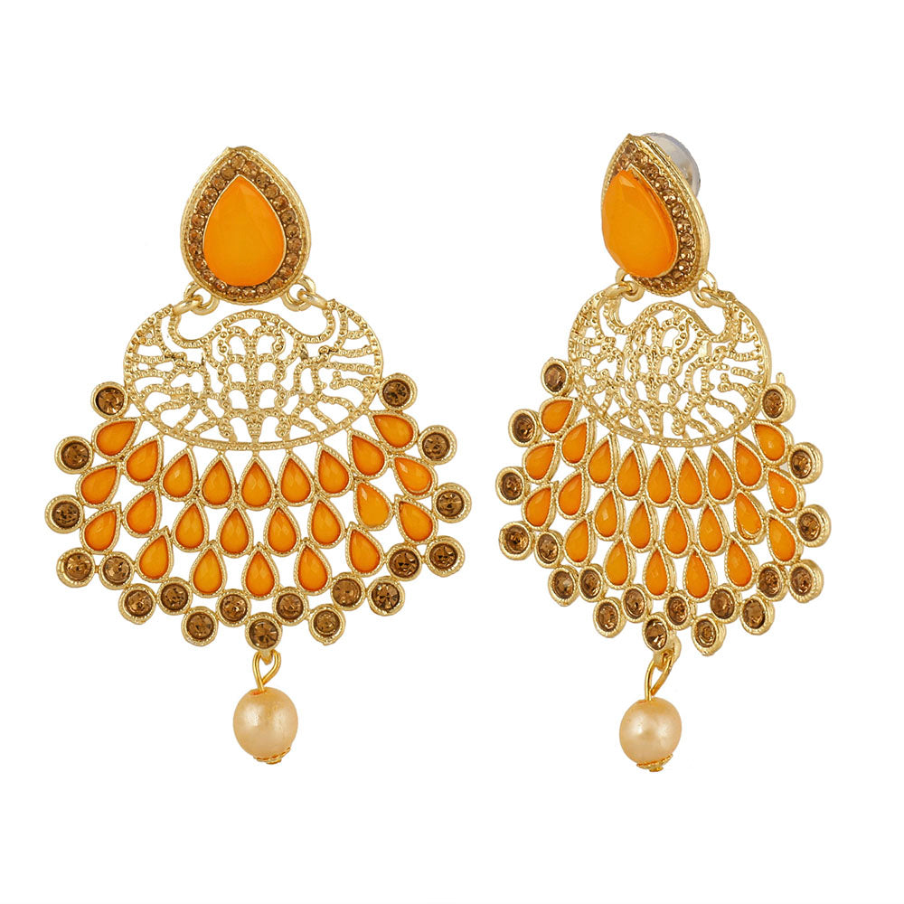 Kord Store Stylish Filigree Work Orange Stone Gold Plated Drop Earring For Women  - KSEAR70154