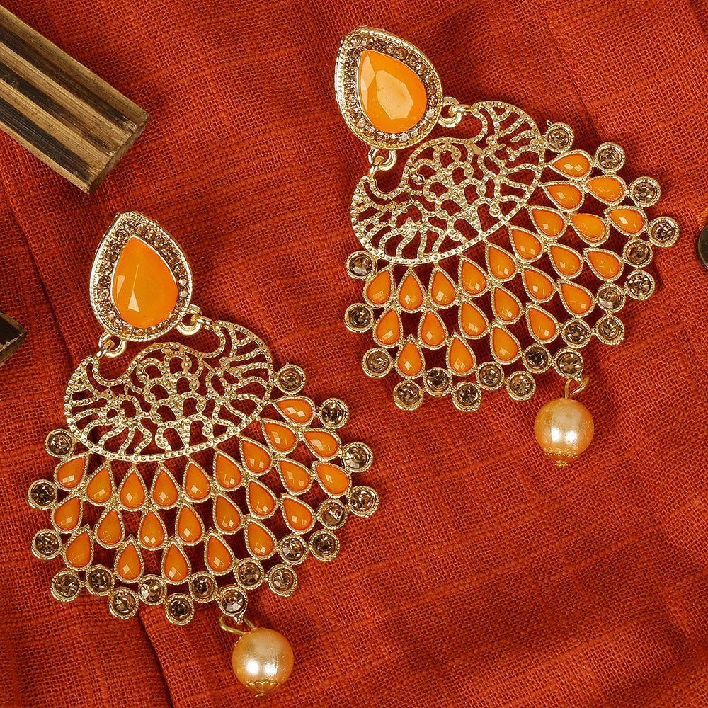 Kord Store Stylish Filigree Work Orange Stone Gold Plated Drop Earring For Women  - KSEAR70154