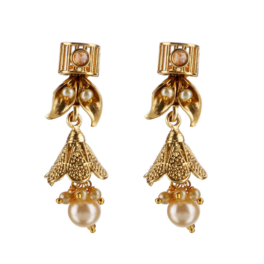 Kord Store Admirable Leaf Design Latkan Pearl Gold Plated Dangle Earring For Women  - KSEAR70164