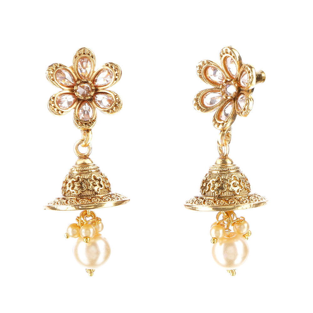 Kord Store Appealing Flower White Stone Gold Plated Jhumki Earring For Women  - KSEAR70166