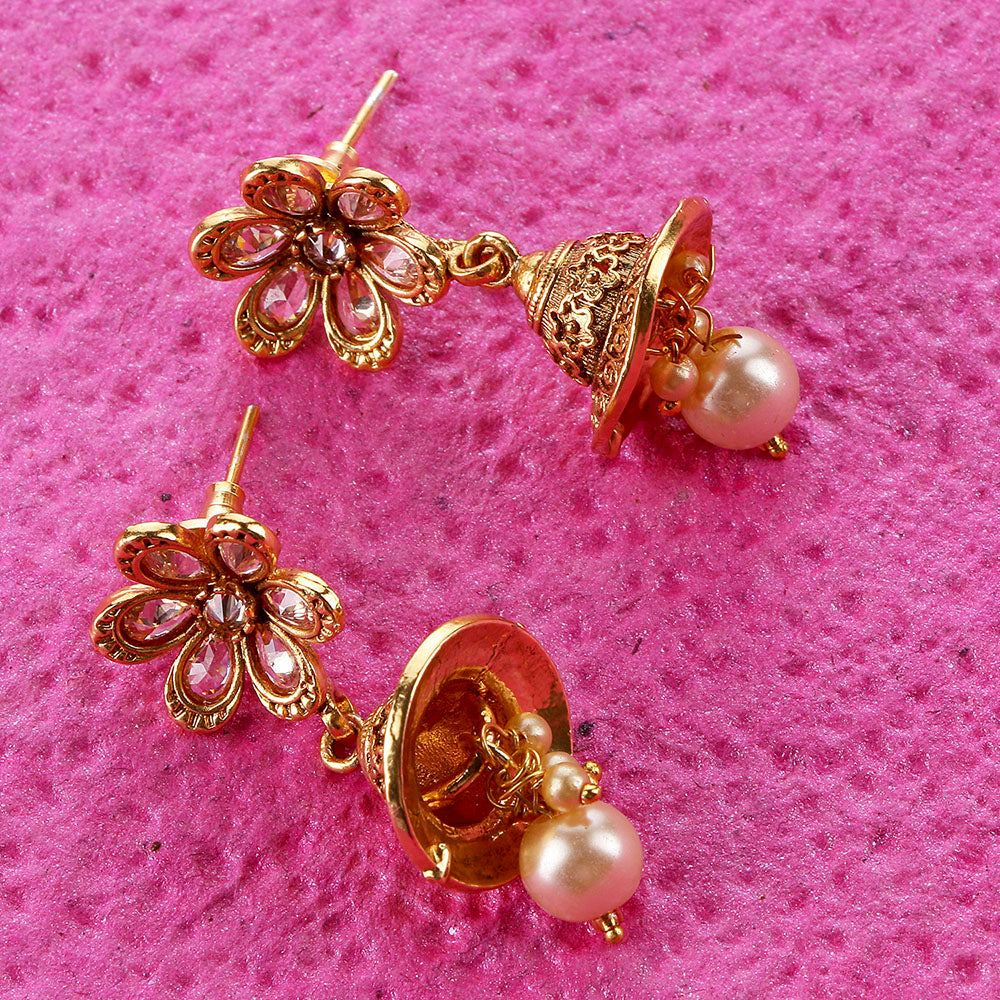 Kord Store Appealing Flower White Stone Gold Plated Jhumki Earring For Women  - KSEAR70166