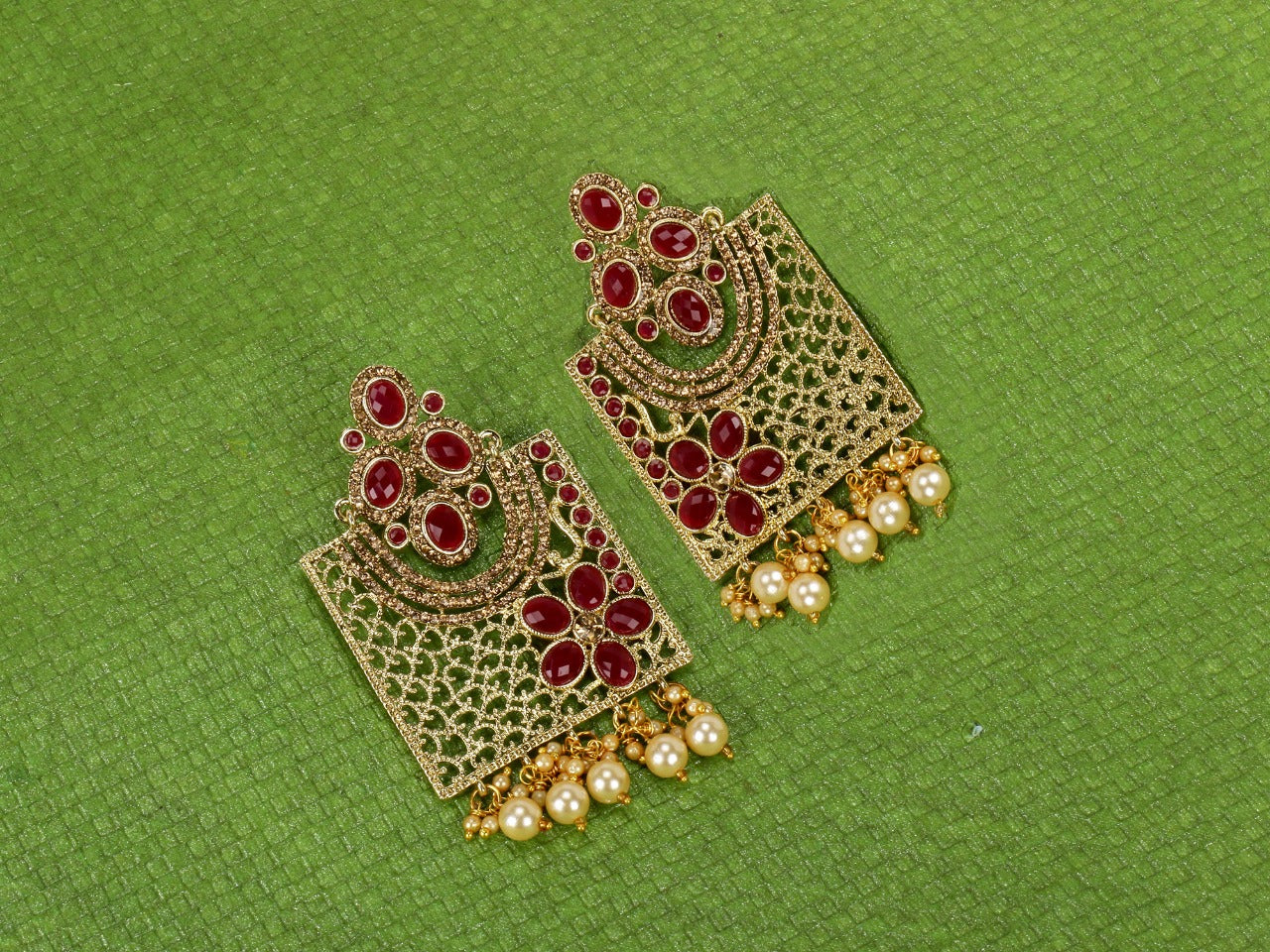 Kord Store Beautiful Designer Red Stone Gold Plated Dangle Earring For Women  - KSEAR70169