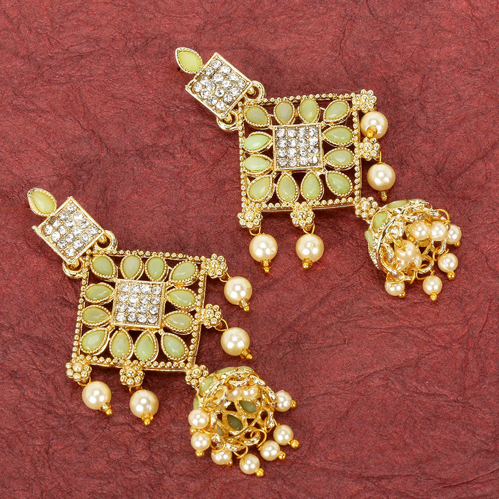 Kord Store Charming Latkan Pearls Green Stone Gold Plated Jhumki Earring For Women  - KSEAR70171