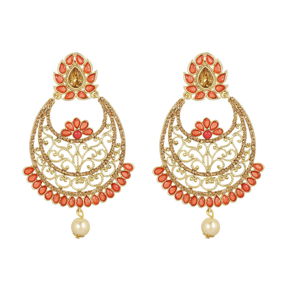 Kord Store Classic Filigree Work Red Stone Gold Plated Chand Bali Earring For Women  - KSEAR70172