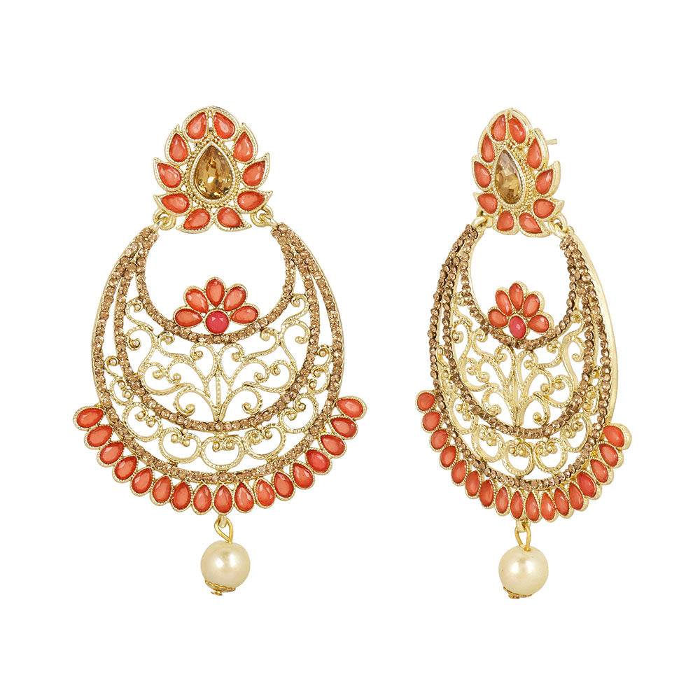 Kord Store Classic Filigree Work Red Stone Gold Plated Chand Bali Earring For Women  - KSEAR70172