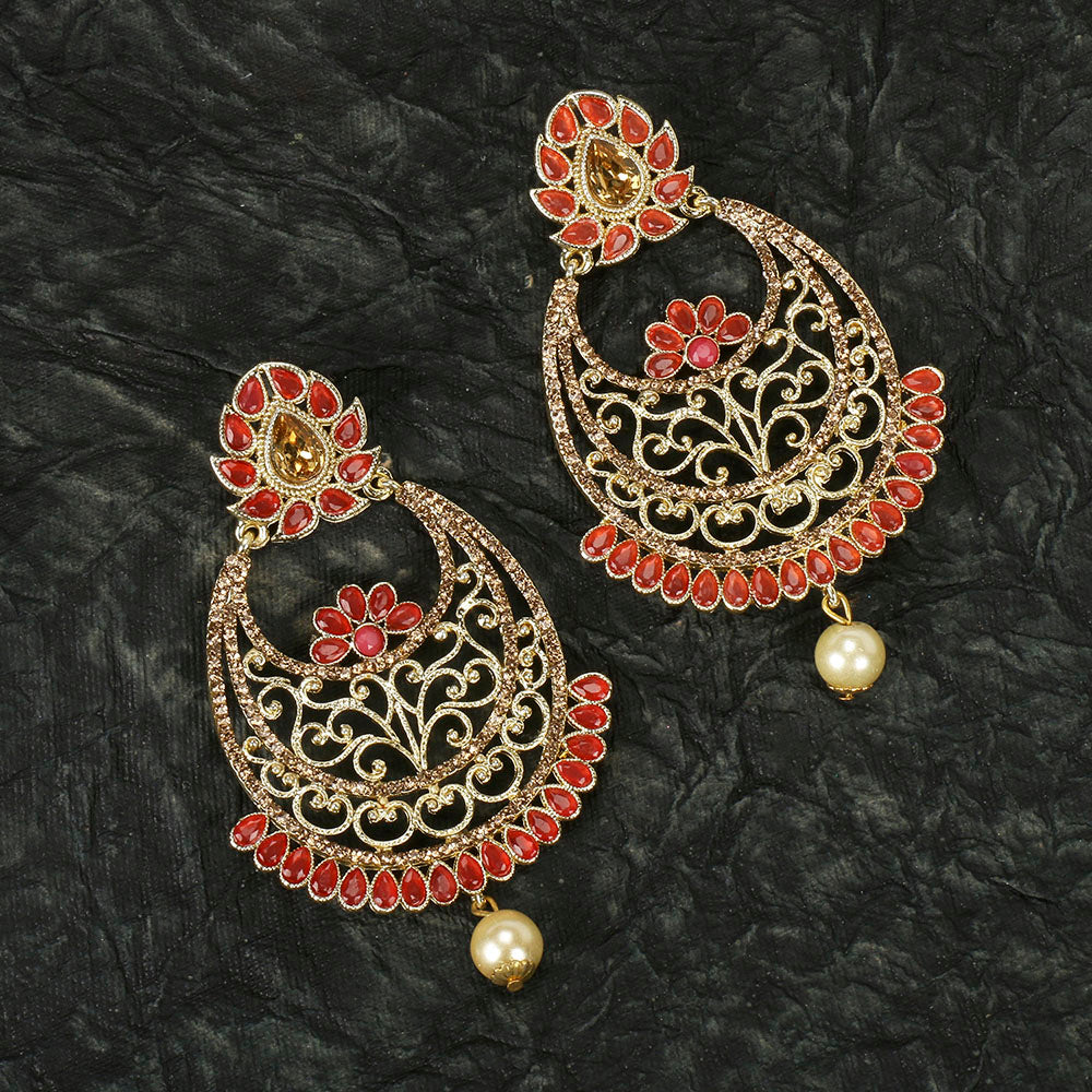 Kord Store Classic Filigree Work Red Stone Gold Plated Chand Bali Earring For Women  - KSEAR70172