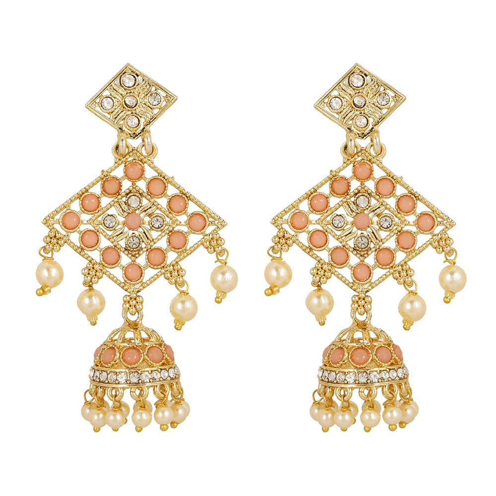 Kord Store Classy Designer Pink & White Stone Gold Plated Jhumki Earring For Women  - KSEAR70173